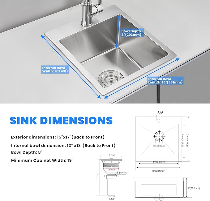POPFLY 15 Inch Wet Bar Drop In Sink, SUS 304 Stainless Steel Topmount Sinks Handmade Single Bowl 18 Gauge Kitchen Small Outdoor Rv Sink, Brushed Nickel (15×17×8)