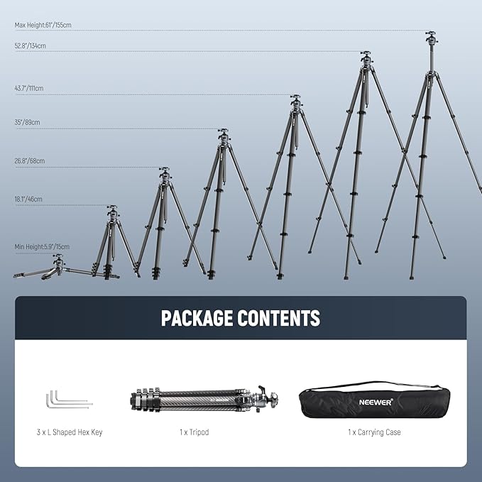NEEWER LITETRIP LT38 61" Travel Tripod Carbon Fiber for Camera, 360° Pan Tilt Low Profile Ball Head, Flexible Center Axis, Arca QR Plate Compatible with Peak Design Tripod Clip V3, Max Load 22lb