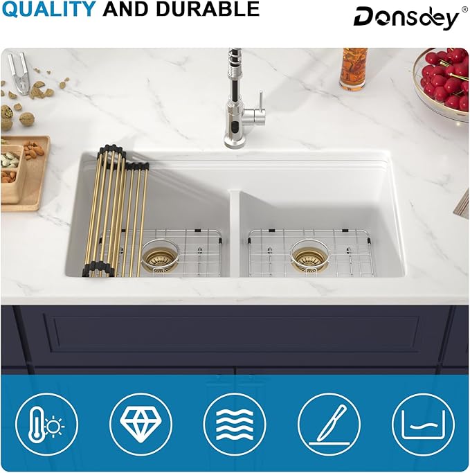 33 Inch Classic White Undermount Granite Composite Kitchen Sink Under Counter Quartz Single Bowl Sink Workstation Sinks with Accessories Quick Drain Noise Reduction Home Renovation Gold Accessories