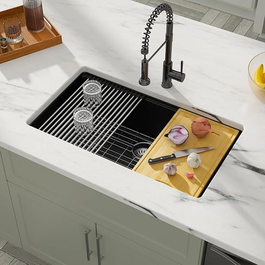 Dcolora 33 inches Granite Composite Kitchen Sink Workstation Black Undermount Single Bowl Large Kitchen Sink 33"W x 19"D x 10"H, DC-GU7743