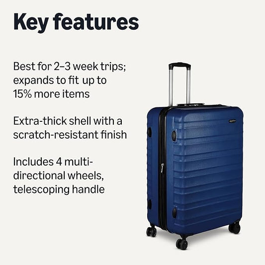 Amazon Basics 30" Hardside Large Checked Luggage, Hardshell Suitcase With Wheels, Expandable For Up to 15% More Space, With Scratch-Resistant Surface, Four Multi-directional Wheels, Navy Blue