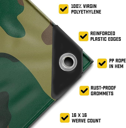 Core Tarps Extreme Heavy Duty 20 Mil Tarp Cover, Waterproof, UV Resistant, Rip and Tear Proof, Poly Tarpaulin with Reinforced Edges for Roof, Camping, Patio, Pool, Boat (Camouflage/Green 40′ X 80′)