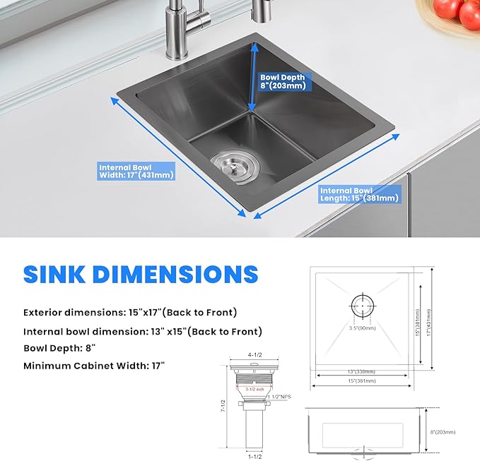 POPFLY 15×17 Inch Black Bar Sink,304 Stainless Steel Single Bowl 8 Inch Deep Laundry Sink Rv, Undermount Small Kitchen Sinks