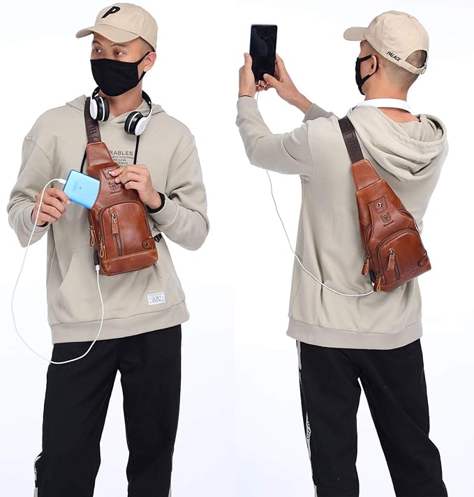 BULLCAPTAIN Leather Sling Bag Mens Chest Bag Casual Shoulder Crossbody Bags Travel Hiking Backpacks Daypack with USB Charging Port (Brown)