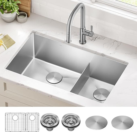 Kraus Kitchen Sinks Undermount - 32 Inch Stainless Steel Kitchen Sink, 60/40 Double Bowl, 16 Gauge, Model KHU103-32