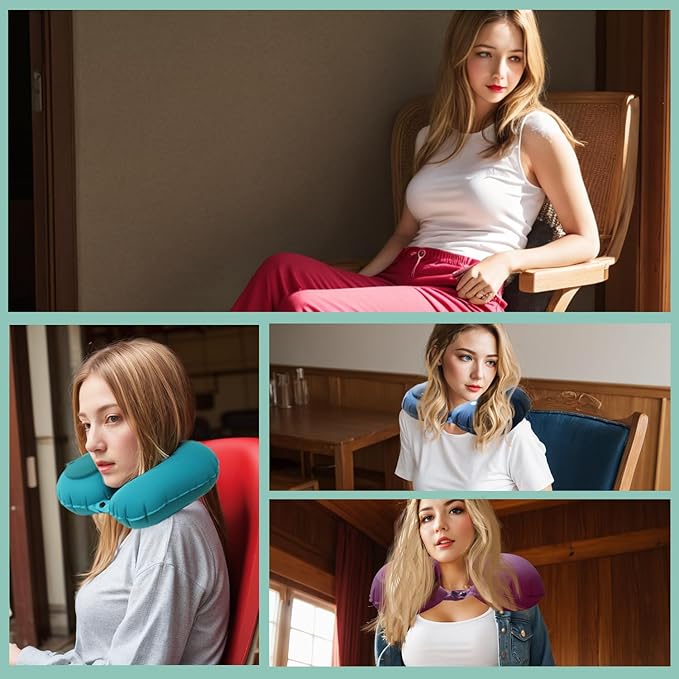 Inflatable Travel Pillow for Sleeping Airplane - Inflatable Neck Pillow for Traveling on Plane, Press to Inflate,Portable Travel Neck Pillow with Carry Bag (Drak Blue)