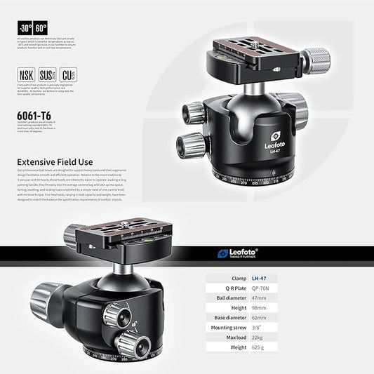 Leofoto Professional Camera Tripod, 63.9" Compact Carbon Fiber Tripod for DSLR Video Camcorder, 5 Leg Sections, 360° Ball Head, Max Load 20KG/44Lb (LS-365CX+LH-47)