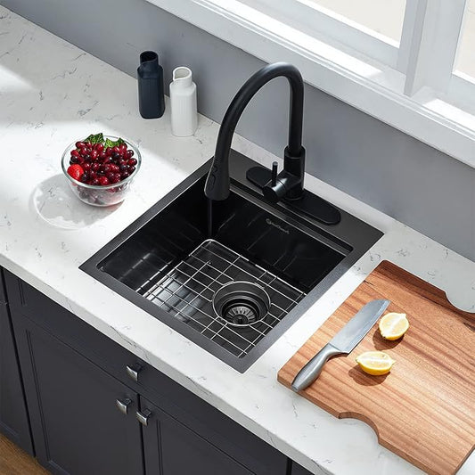 Kitchen Sink, 17 x 19 Inch Drop in Bar Sink Gunmetal Black Stainless Steel Workstation Sink Topmount Kitchen Sink Single Bowl with Cutting Board