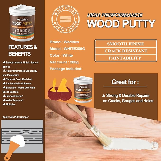 White Wood Filler, Paintable Stainable Wood Repair Putty, 9.87 Ounce Wood - Image 6