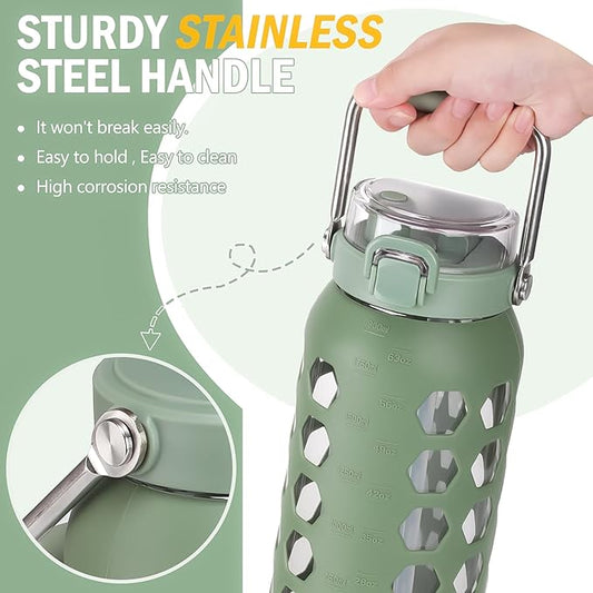 MUKOKO 64oz Glass Water Bottles with Straw and Lid,Half Gallon Water Bottle with Time Marker,Large Glass Water Jug with Silicone Sleeve and Stainless Steel Handle-Olive