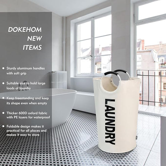 DOKEHOM 125L X-Large Laundry Basket, Collapsible Laundry Bag, Freestanding Tall Clothes Hamper, Foldable Washing Bin (Beige)