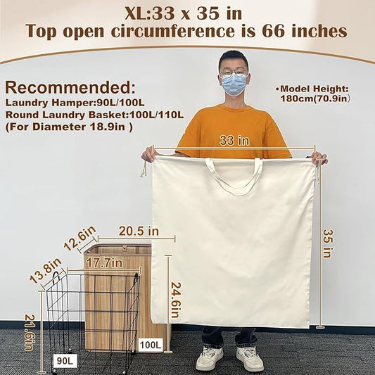 Canvas Laundry Bag 33"x 35", Thick Cotton Laundry Bag with Handles & Drawstring, Extra Large Heavy Duty Washable Basket Liner Hamper Liner Canvas Storage Sack (Beige XL, 1 Pack)