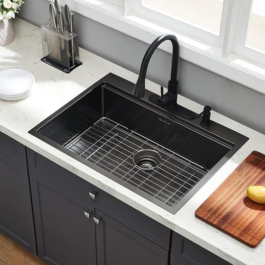 Drop-in Kitchen Sink - Single Bowl Workstation with Cutting Board, 30 x 22 x 10, Gunmetal Black, 16 Gauge Stainless Steel