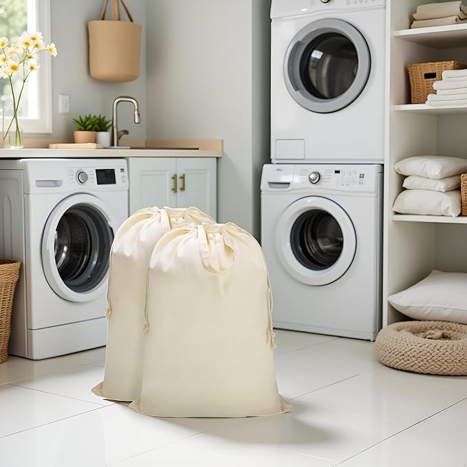 Canvas Laundry Bag with Handles & Drawstring Closure 27.5”x35", Thick Cotton Laundry Bag Heavy Duty Washable Dirty Clothes Travel Sack for Camp, College Dorm, Laundromat (Beige L, 2 Pack)