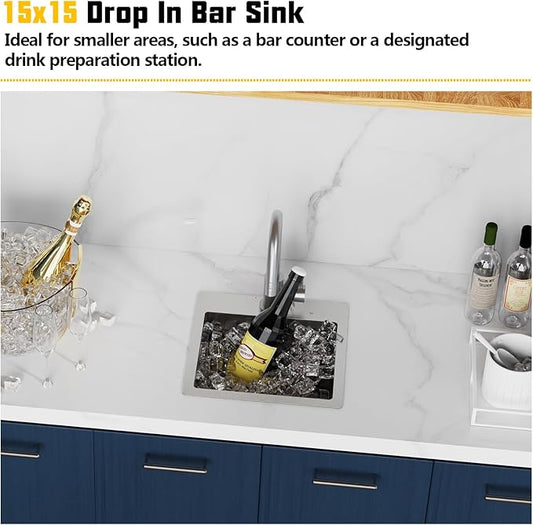 Small Kitchen Sink,15x15 Inch Bar Sink Stainless Steel Drop In Small Kitchen Sink Ideal Choice For Small Space Nice As Toprmount Prep Sink,RV Kitchen Sink With Bottom Grid,Soap Mat And Drain Assembly