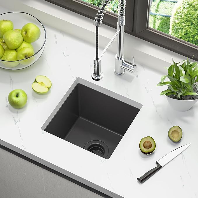 TORVA 14 x 14 Inch Gloss Black Undermount Kitchen Sink, PVD Coated Gunmetal Sink,16 Gauge T-304 Stainless Steel Single Bowl Wet Bar or Prep Sink with Zero-Radius Corners, Dark Grey