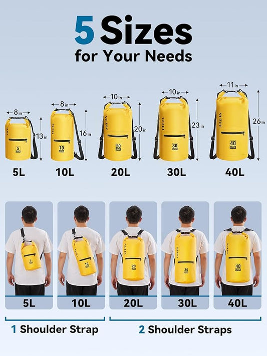 HEETA Waterproof Dry Bag with Front Zippered Pocket for Women Men, 5L/10L/20L/30L/40L Roll Top Lightweight Dry Storage Bag Backpack for Travel, Kayaking, Boating, Rafting, Camping, Hiking & Beach