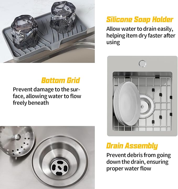 Small Kitchen Sink,13x15 Inch Bar Sink Stainless Steel Drop In Small Kitchen Sink Ideal Choice For Small Space Nice As Toprmount Prep Sink,RV Kitchen Sink With Bottom Grid,Soap Mat And Drain Assembly