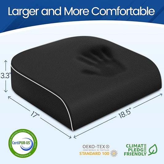 Seat Cushion for Tailbone Pain Relief, Office Chair Cushion, Memory Foam Large Chair Cushion with Non-Slip Cover for Soft Support at Office Chair, Car Seat, Airplane Black/XLarge