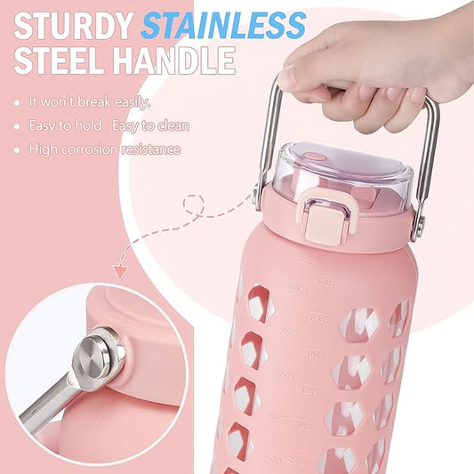 MUKOKO 64oz Glass Water Bottles with Straw and Lid,Half Gallon Water Bottle with Time Marker,Large Glass Water Jug with Silicone Sleeve and Stainless Steel Handle-Pink
