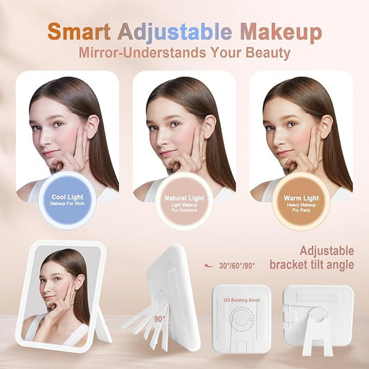 Travel Makeup Bag With 360° rotating LED Mirror,Waterproof cosmetic organizer,Portability Cosmetic case,Makeup organizer,Gift for Women,Girls Gift (Beige + Brown)