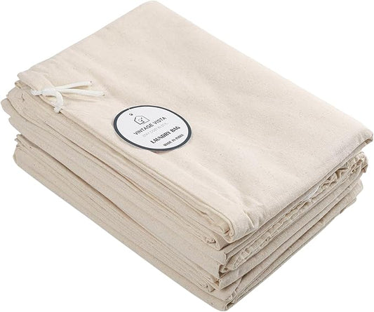 Vintage Vista 100% Cotton Laundry Bag with Drawstring Closure (Set of 4) - Reusable & Washable Travel Laundry Bags for Dirty Clothes - Canvas Drawstring Bags - Laundromat Bag Multipack (Natural Color)