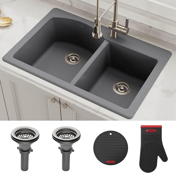 KRAUS Forteza 33-inch Drop In/Undermount 60/40 Double Bowl Granite Kitchen Sink in Grey, KGD-50GREY