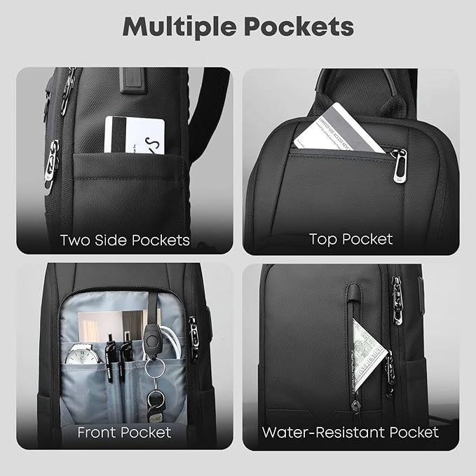 Crossbody Sling Bag for Men, Waterproof Sling Crossbody Backpack with USB Charging Port, Anti Theft Chest Shoulder Hiking Bags Daypack for Commute, Work, Sport, Travel - Black