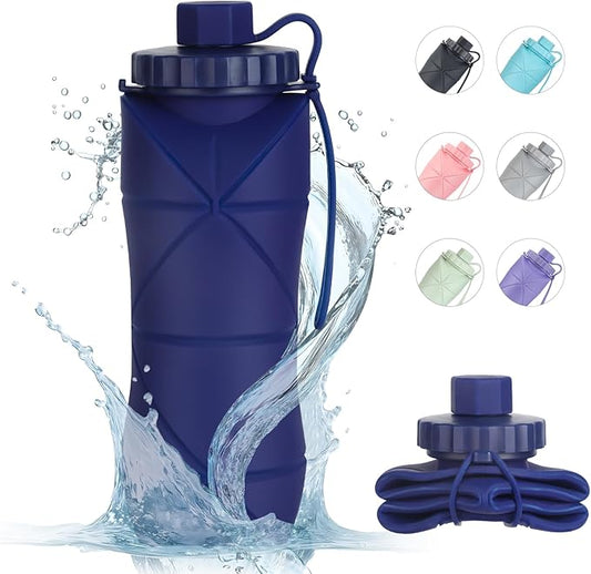 YCT Collapsible Silicone Travel Water Bottle 20oz (600ml), Reuseable Leakproof BPA Free Foldable Sports Bottle, with Carrying Strap, Dark Blue