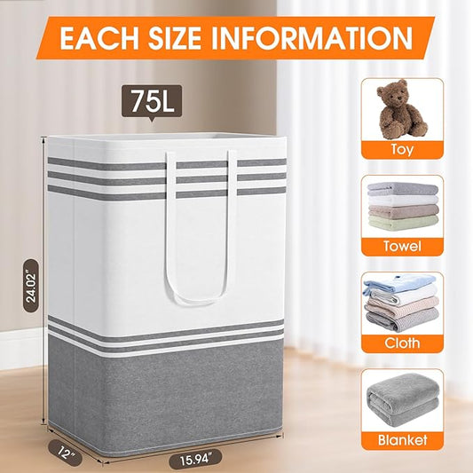 2 Pack Large Laundry Baskets, Laundry Hampers, Freestanding Waterproof Collapsible Clothes Bag with Extended & Reinforced Handles - Clothes Basket for Dorm, Bathroom, Home (Light Grey/75L)