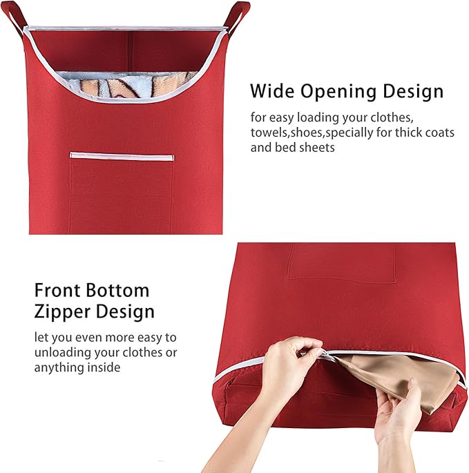 Hanging Laundry Hamper Bag Behind Door Hampers for Laundry Hanging Save Space Zipper Laundry Hamper Door Hanging with 2 PCs Stainless Steel Hooks Suction Hooks for Wall/Bathroom (Red-2Pack)