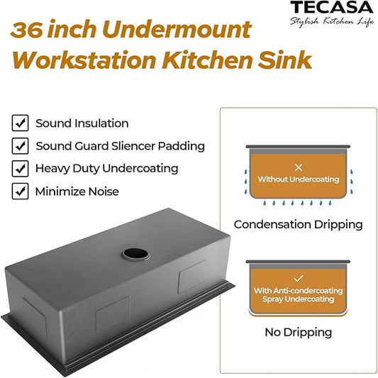 36 Inch Workstation Kitchen Sink, TECASA Undermount Deep Single Bowl, 16 Gauge Stainless Steel with Integrated Ledge and Accessories, World-Class Manufacturing Standard (18" x 36" x 10")