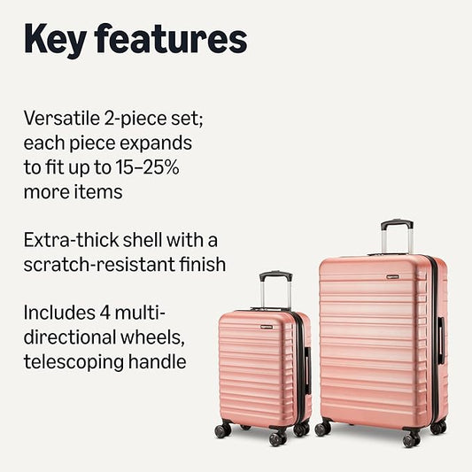 Amazon Basics 2-Piece Set (21", 30"), Hardshell Suitcases With Wheels, Expandable For Up to 25% More Space, With Scratch-Resistant Surface, Four Multi-directional Wheels, Rose Gold