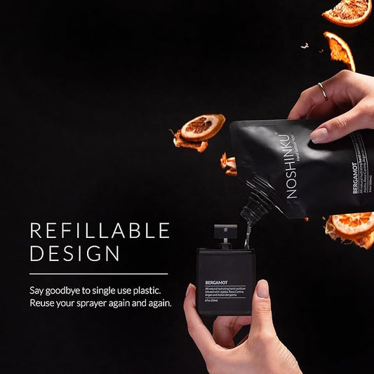 Noshinku Bergamot Pocket Hand Sanitizer Refill Kit: Refill Pouch + Sprayer Bundle | Organic Antibacterial Sanitizing Mist with Moisturizing Oils | FDA Registered | 70% Sugarcane Derived Alcohol