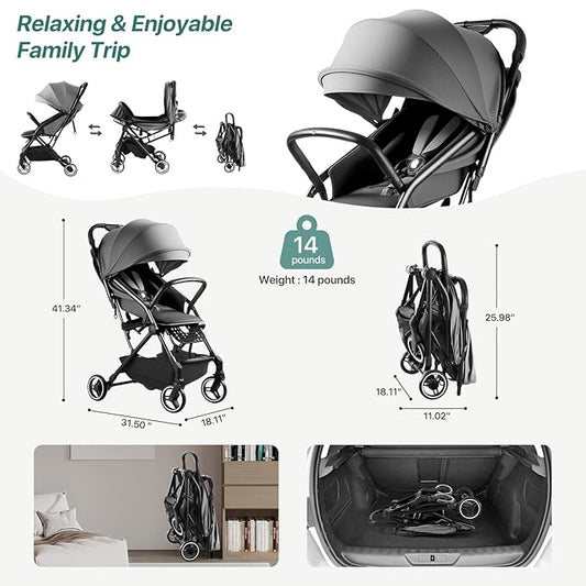 Lightweight Stroller Compact Travel Stroller for Airplane One-Click Folding with Reclining Seat, UV Protection Canopy,Silent All-Terrain Wheels,Umbrella Strollers for Toddlers 0-4