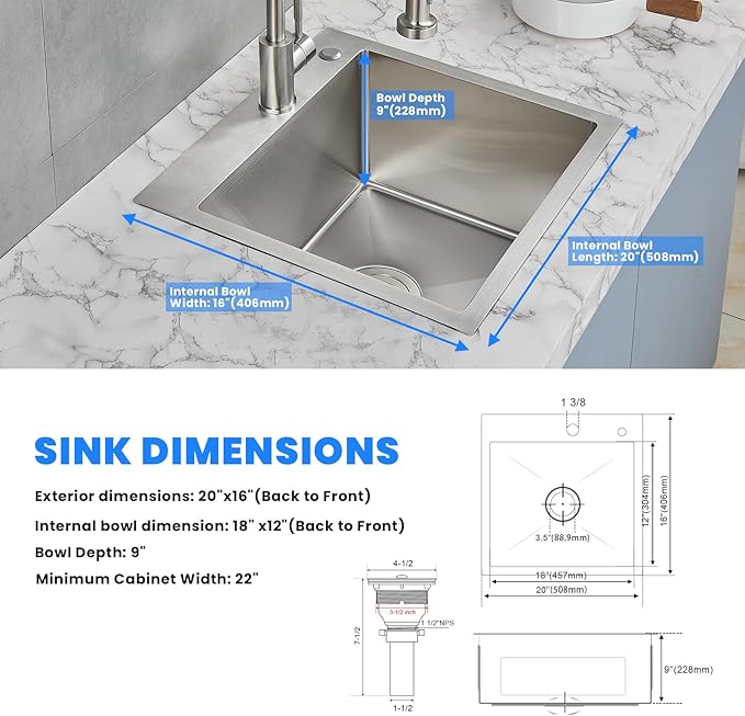 POPFLY 20×16 inch Drop In Kitchen Sink, 18 Gauge Stainless Steel Overmount Single Bowl Small Prep Bar Sink, Top mount Handmade Utility Deep Sinks with 2 Holes, Brushed Nickel