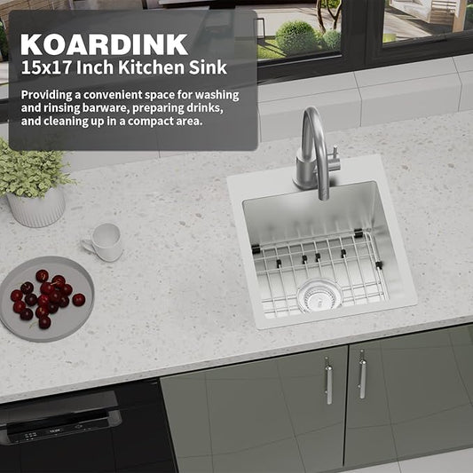 Kitchen And Bar Sink, 15x17 Inch Stainless Steel Drop In Kitchen Sink Modern Single Bowl Topmount Bar Sink Combo-SS Grid,Silicon Mat,Drain Strainer Set Compatibility With Various Kitchen & Bar Style