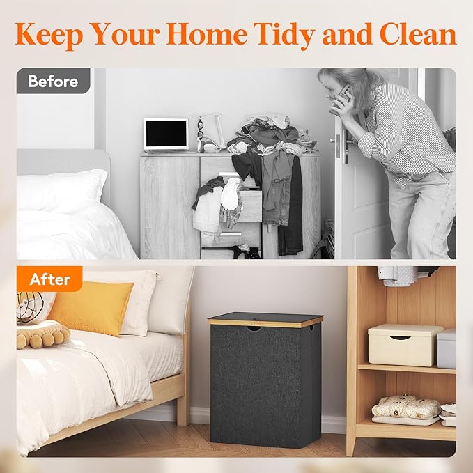 Lifewit 120L Double Laundry Hamper with Lid, Extra Large Bamboo Laundry Basket Dirty Clothes Hamper, 2 Section Laundry Bin Organizer for Laundry Room Bedroom with 2 Removable Liners & Bags, Dark Gray