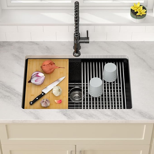 Dcolora 28 Inch Matte Black Undermount Kitchen Sink Single Bowl Modern Sink Workstation Granite Composite,#DC-GU0004BS