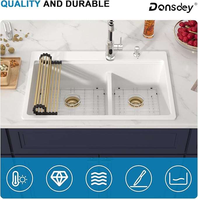 33 Inch Double Bowl White Kitchen Sinks 33x22 Granite Composite Dorp In 60/40 Basin with Luxury Accessories Quartz Workstation Sinks with Noise Reduction Durable and Hard Gold Accessoris Sink
