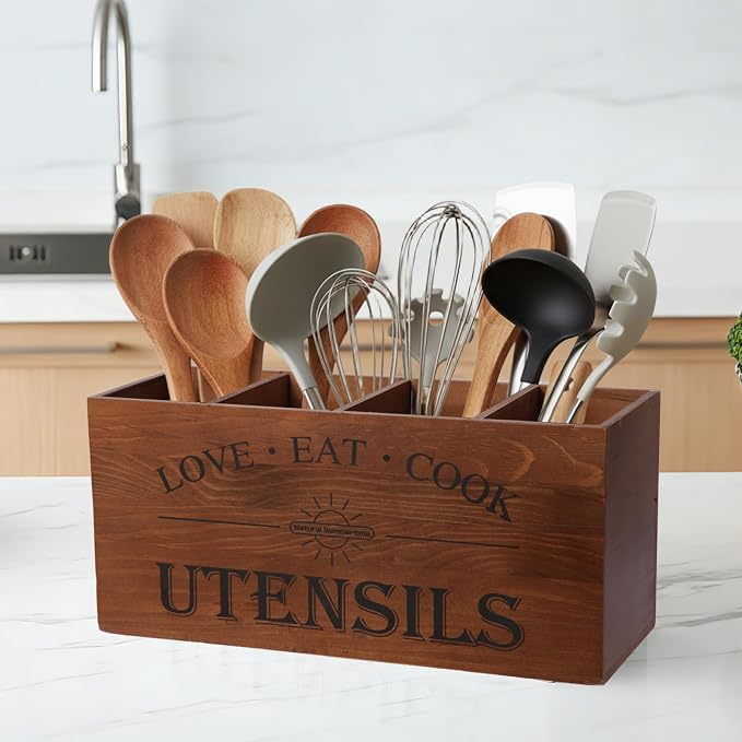 2 PC Wooden Utensil Holder, (With 4-Compartments size*1 + 3-Compartments - Image 7