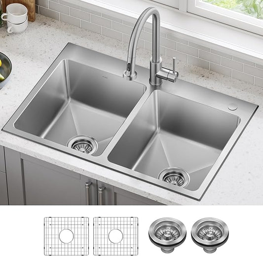 KRAUS Fairlane 33-inch Drop In/Top Mount Double Bowl 18-Gauge Stainless Steel Kitchen Sink, KHT632-33