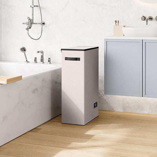 SOLEDI Slim Laundry Hamper with Lid, Narrow Laundry Basket with Removable Bags, Dirty Clothes Hamper with handle, Small Hamper perfect for Laundry room, Bathroom, Bedroom, Small spaces.Light taupe