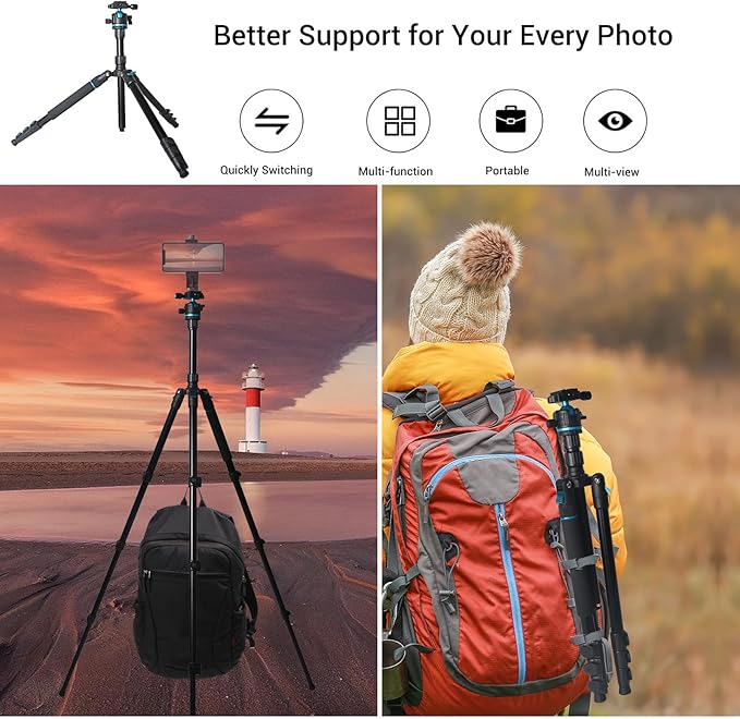 Camera Tripod, 68" / 174cm Lightweight Travel Monopod with 360°Ball Head Payload 15 lbs, Adjustable Height from 17" to 68" Professional Stand for DSLR Camera Shooting