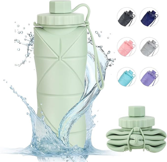 YCT Collapsible Silicone Travel Water Bottle 20oz (600ml), Reuseable Leakproof BPA Free Foldable Sports Bottle, with Carrying Strap, Green