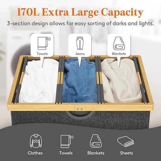 Lifewit 170L Triple Laundry Hamper with Lid, Extra Large Bamboo Laundry Basket Dirty Clothes Hamper,3 Section Laundry Bin Organizer for Laundry Room Bedroom with 3 Removable Liners & Bags, Dark Gray