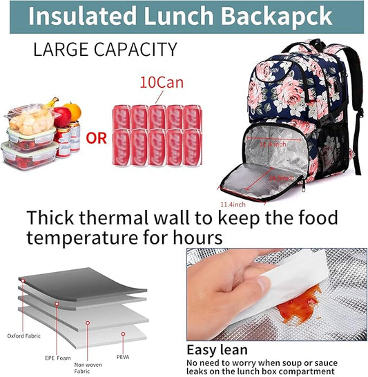 HILUSEN Lunch Cooler Backpack for Women, Extra Large 17 inch Travel Laptop Backpack with USB Charging Port, Water Resistant