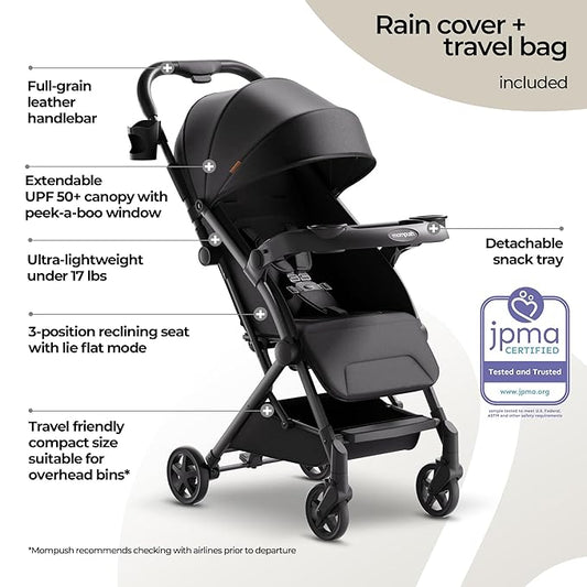 Mompush Lithe V2 Lightweight Travel Stroller, Compact Foldable Baby Stroller with Travel Bag, One-Hand Fold Stroller, Snack Tray, Mechanical Recline Seat, Airplane-Ready, UPF 50+ Canopy & Rain Cover