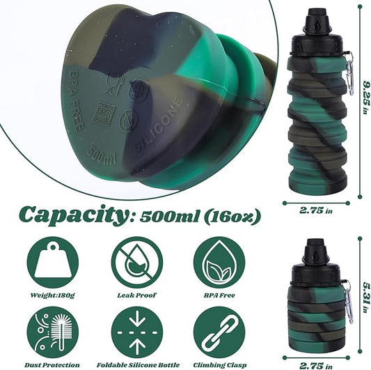 Collapsible Water Bottle for Adults, Boys, Students, Kids, Reusable Silicone Foldable Water Bottles for Travel Camping Hiking Sports,Leak-Proof Portable Sports Water Bottle (Camouflage & Purple)