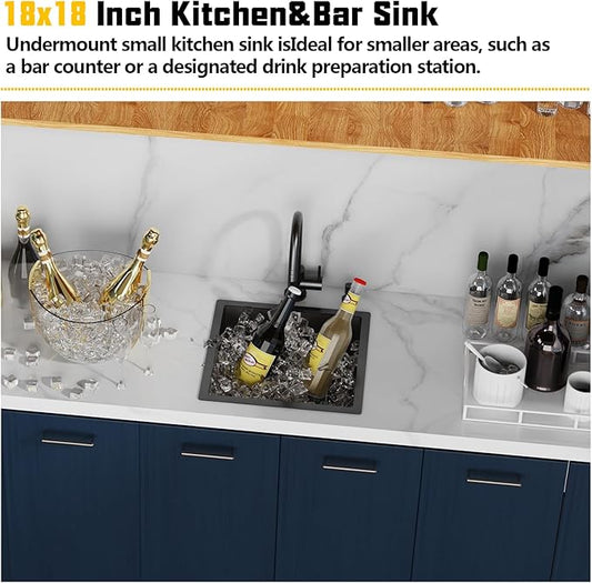 Small Black Kitchen Sink,18x18 Inch Stainless Steel Undermount Drop In Kitchen&Bar Sink Ideal Choice For Small Space, Prep Area, RV With Bottom Grid,Soap Mat And Drain Assembly